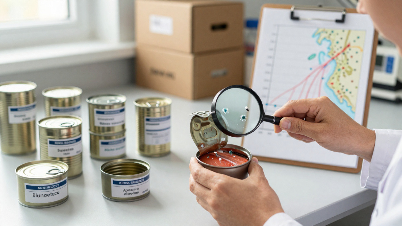 Mão segurando lente de aumento para examinar bolhas em lata de comida em laboratório com outras latas ao fundo.