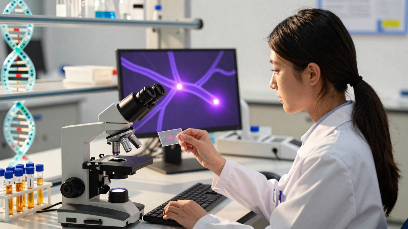 Mulher cientista em laboratório analisando lâmina para microscópio com imagem de neurônios em monitor.