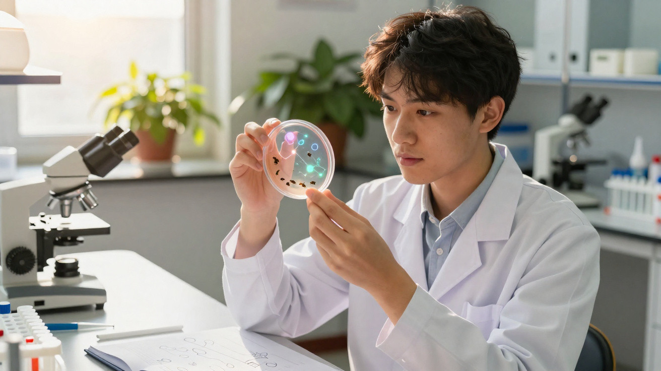 Jovem cientista observa uma placa de Petri em laboratório moderno com microscópios e plantas ao fundo.