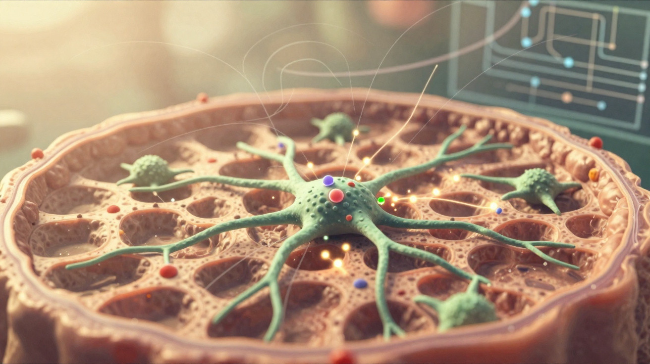 Ilustração 3D de células neurais se conectando dentro de um tecido biológico complexo.