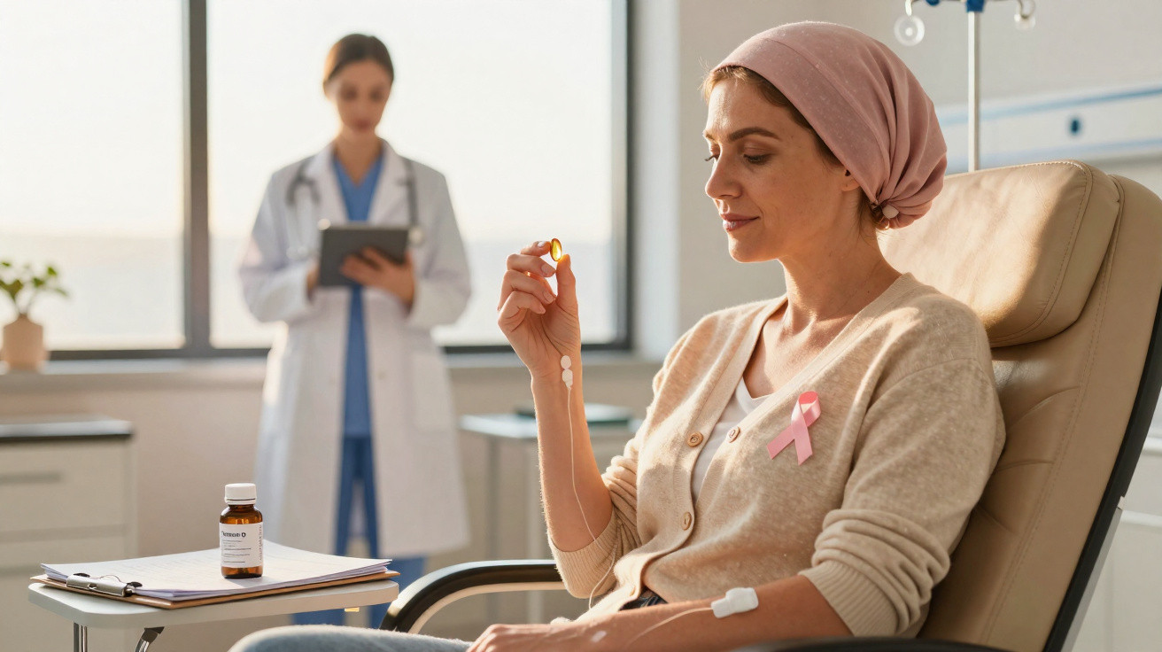 Mulher com lenço na cabeça tomando medicamento, com laço rosa, em clínica, com médica ao fundo usando jaleco branco.