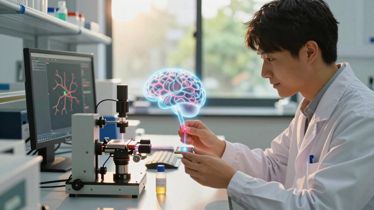 Cientista em laboratório analisando holograma de cérebro humano ao lado de microscópio e computador.