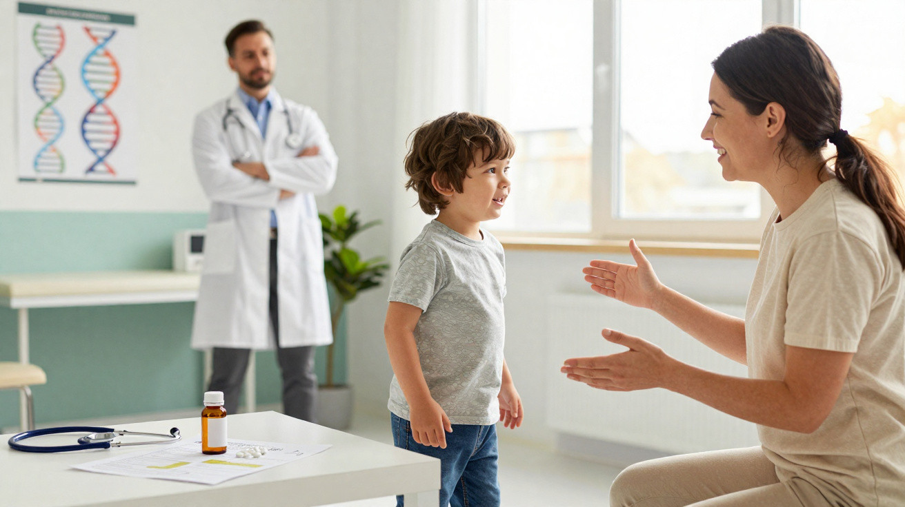 Criança sorrindo interage com mãe em consultório médico com doutor observando ao fundo.