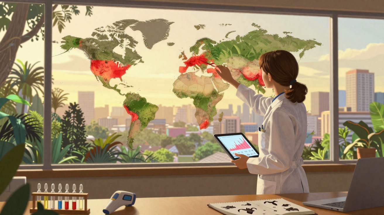Mulher cientista analisa mapa mundial com dados em tablet, em escritório com vista para cidade e plantas.
