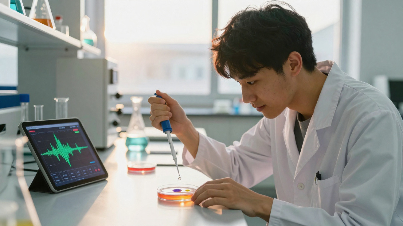 Jovem cientista usando pipeta para analisar amostra em placa de Petri em laboratório moderno.