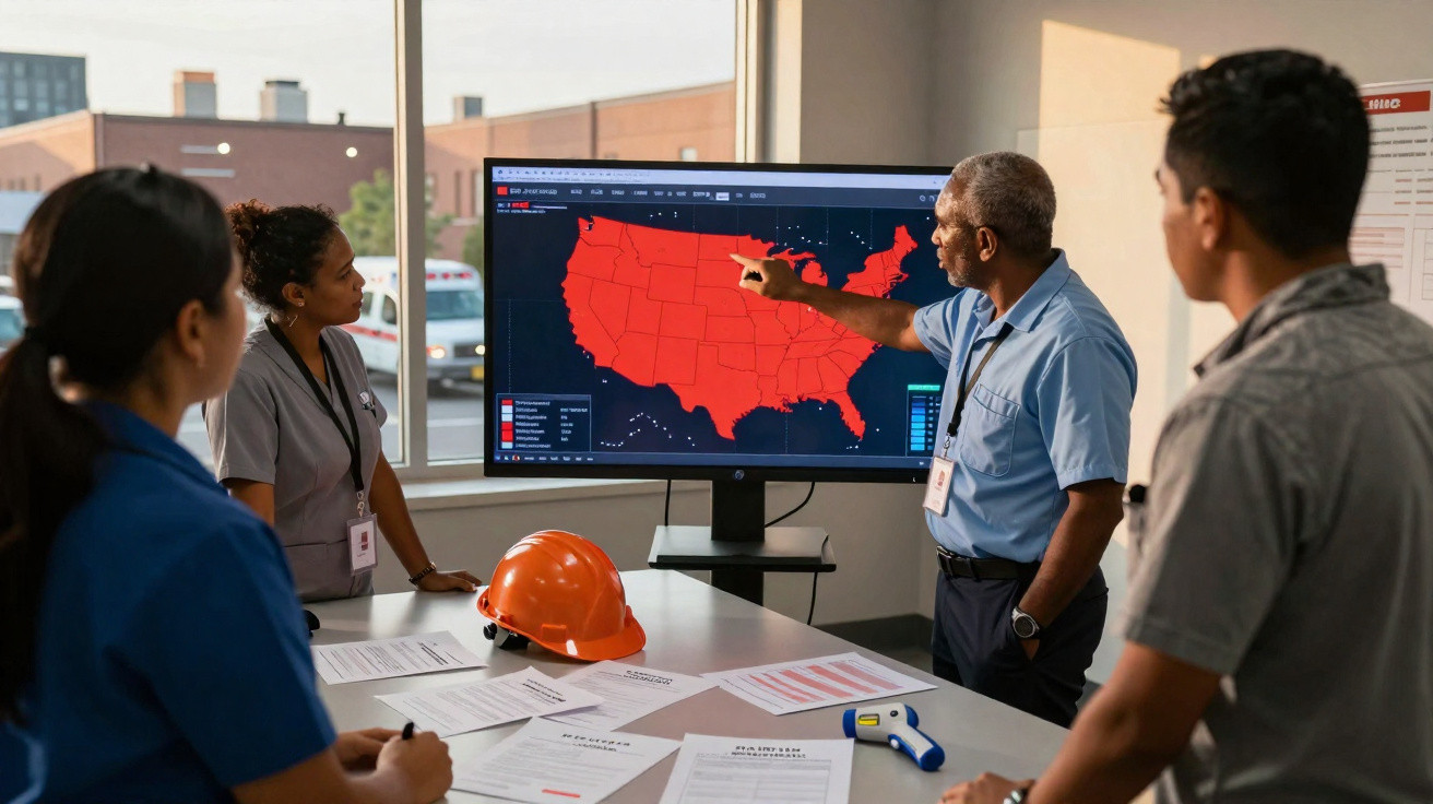Equipe em reunião analisando mapa dos Estados Unidos em tela grande com dados destacados em vermelho.