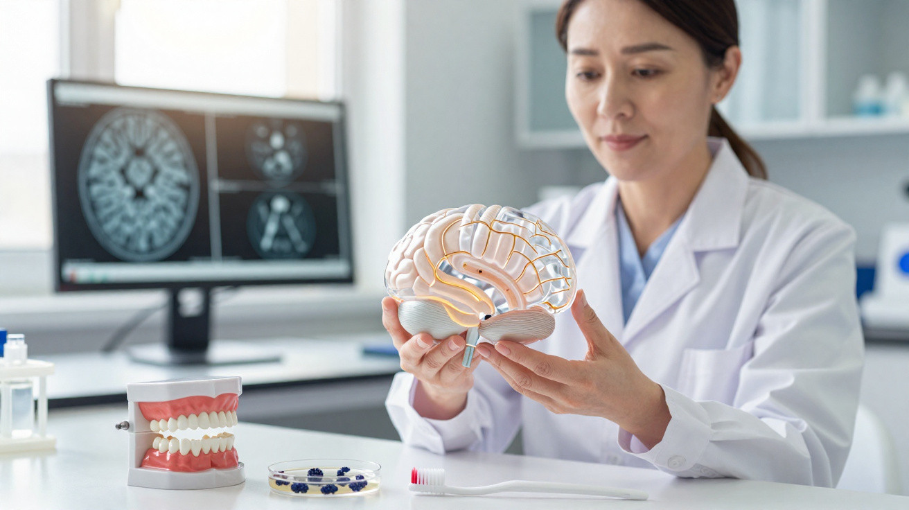 Médica em laboratório segurando modelo anatômico de cérebro com imagens cerebrais no monitor ao fundo.