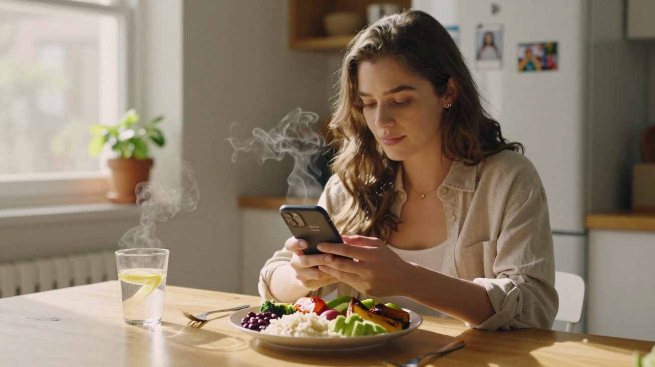 Mulher sentada à mesa olhando o celular antes de comer refeição saudável com arroz, legumes e água com limão.