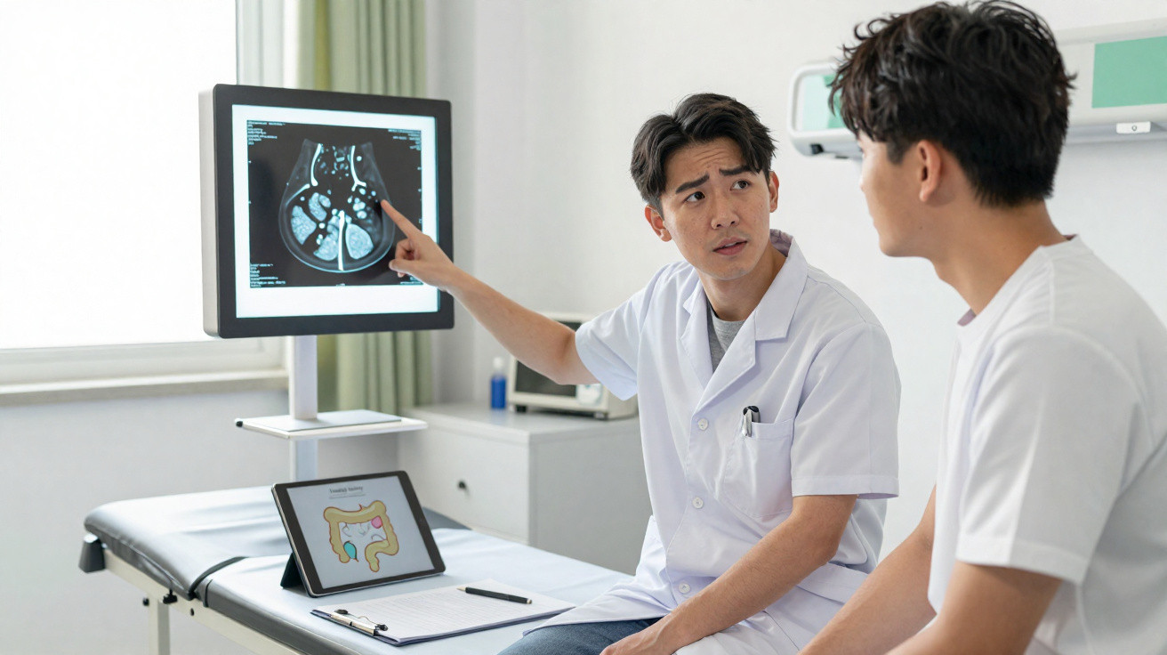 Médico explica exame de imagem para paciente em consultório, com tela mostrando intestino.
