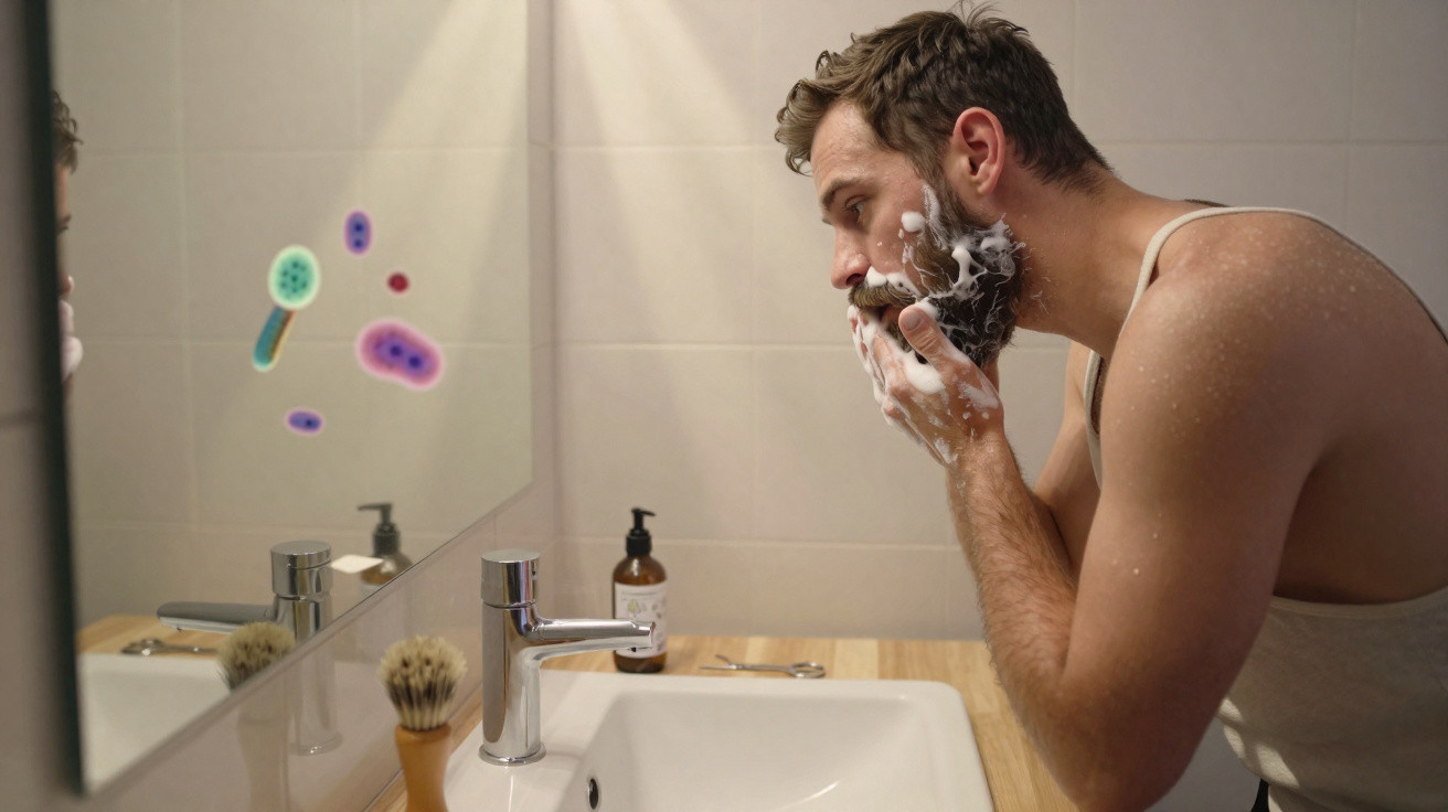 Homem aplicando espuma de barbear no rosto em frente ao espelho com ilustração de germes refletida.
