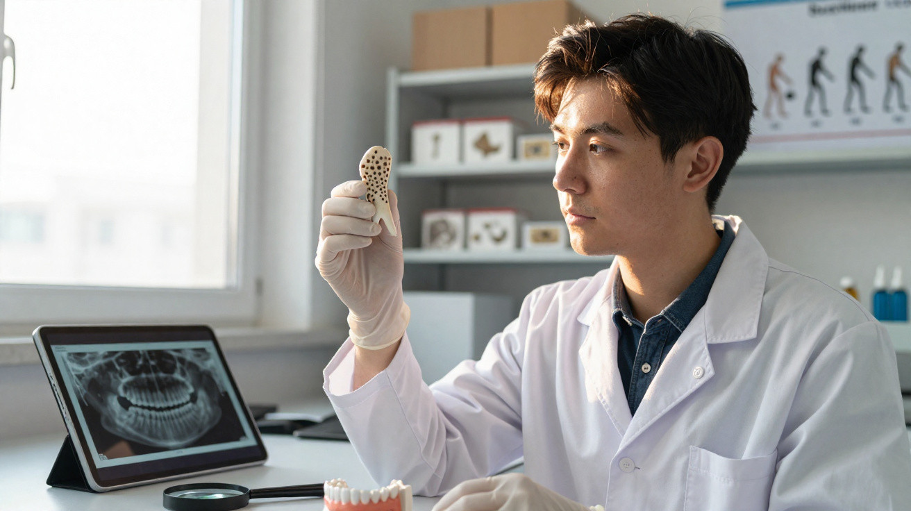 Homem em jaleco branco examina modelo de mandíbula dentária em ambiente clínico com raio-x dentário no tablet.