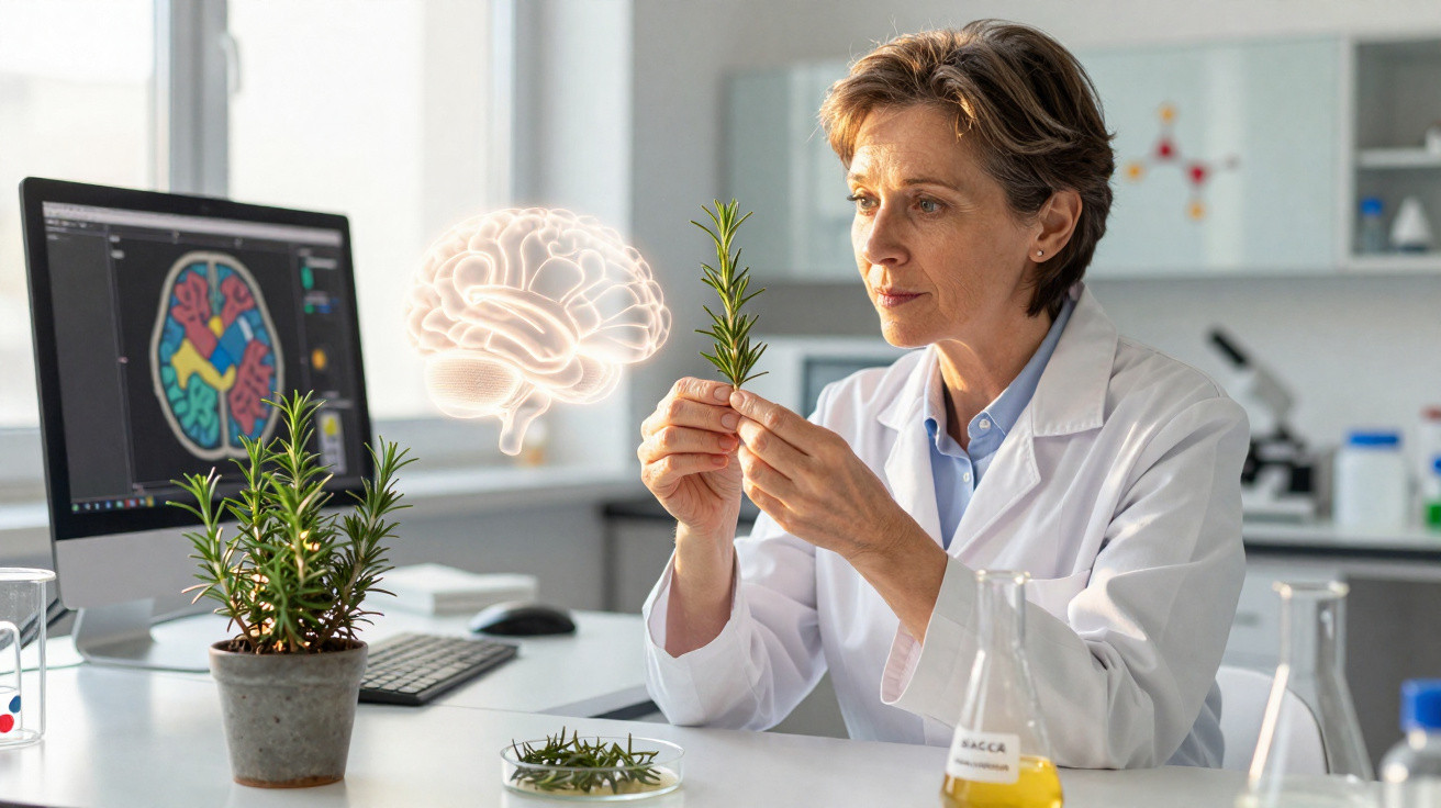 Cientista analisando planta em laboratório com imagem digital de cérebro e computador ao fundo.