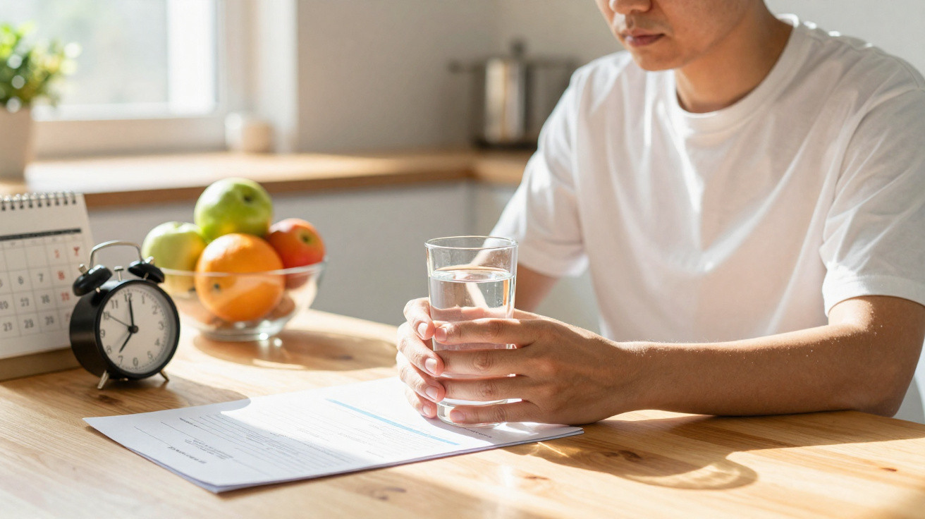 Pessoa segurando copo de água sentada à mesa com frutas, relógio e documento sob luz natural.