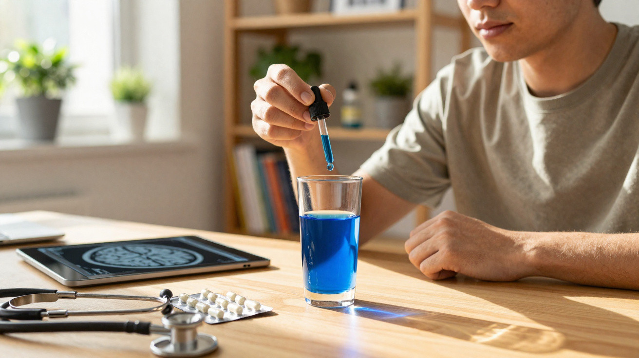 Pessoa usando conta-gotas para colocar líquido azul em copo, com estetoscópio, comprimidos e tablet na mesa.
