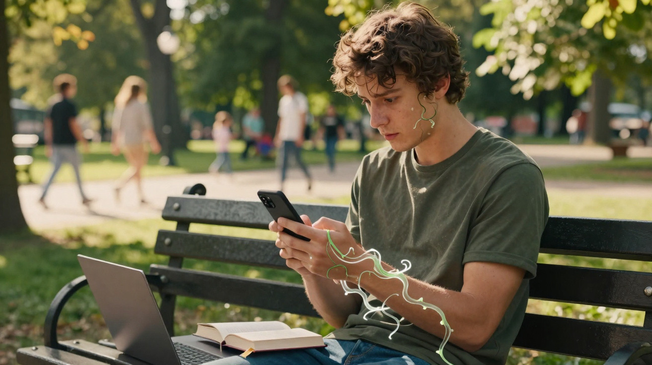 Jovem sentado em banco de parque usando celular, com laptop e livro abertos ao lado.