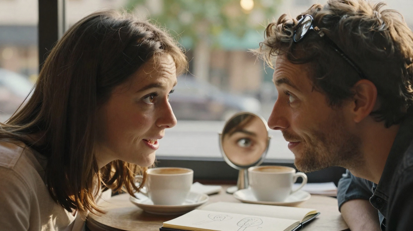 Casal olhando um para o outro enquanto toma café em cafeteria, com espelho refletindo o olho dela.