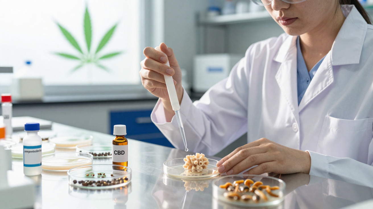 Pesquisadora com jaleco manipulando amostra em placa de Petri em laboratório com frascos de CBD e cannabis.