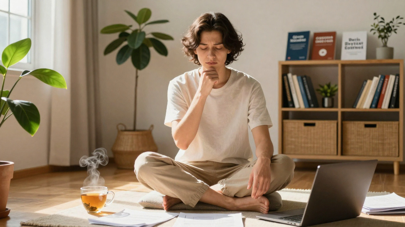 Pessoa jovem sentada no chão com expressão pensativa rodeada por livros, laptop e uma xícara de chá.
