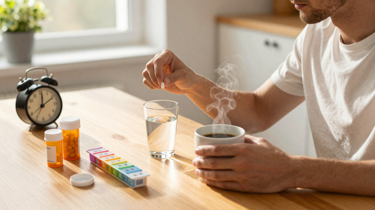 Homem sentado à mesa com remédios, copo d'água e café quente preparando-se para tomar um comprimido.