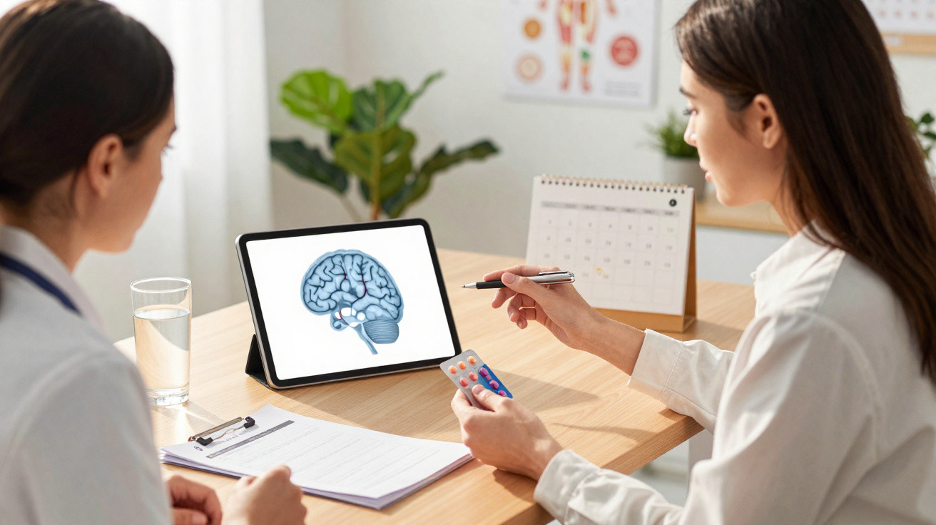 Paciente segurando remédios consulta médica sobre cérebro mostrado em tablet em consultório.
