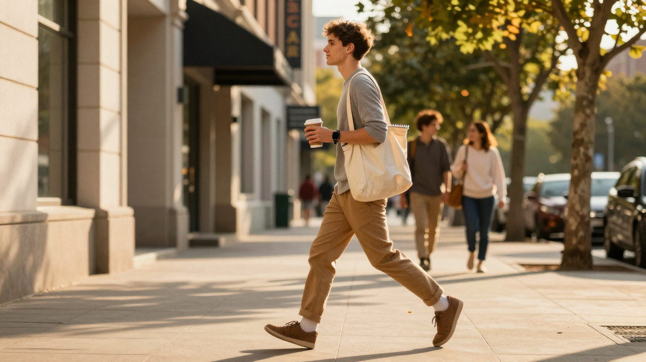 Jovem caminhando na calçada com café e bolsa, com duas pessoas conversando ao fundo em ambiente urbano.