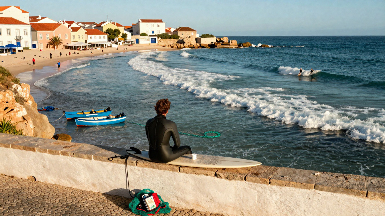 Homem com roupa de surf sentado em muro olhando para praia e ondas com surfistas ao fundo.