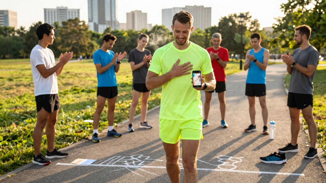 Homem com roupa amarela segurando celular enquanto grupo de corredores aplaude em parque urbano.
