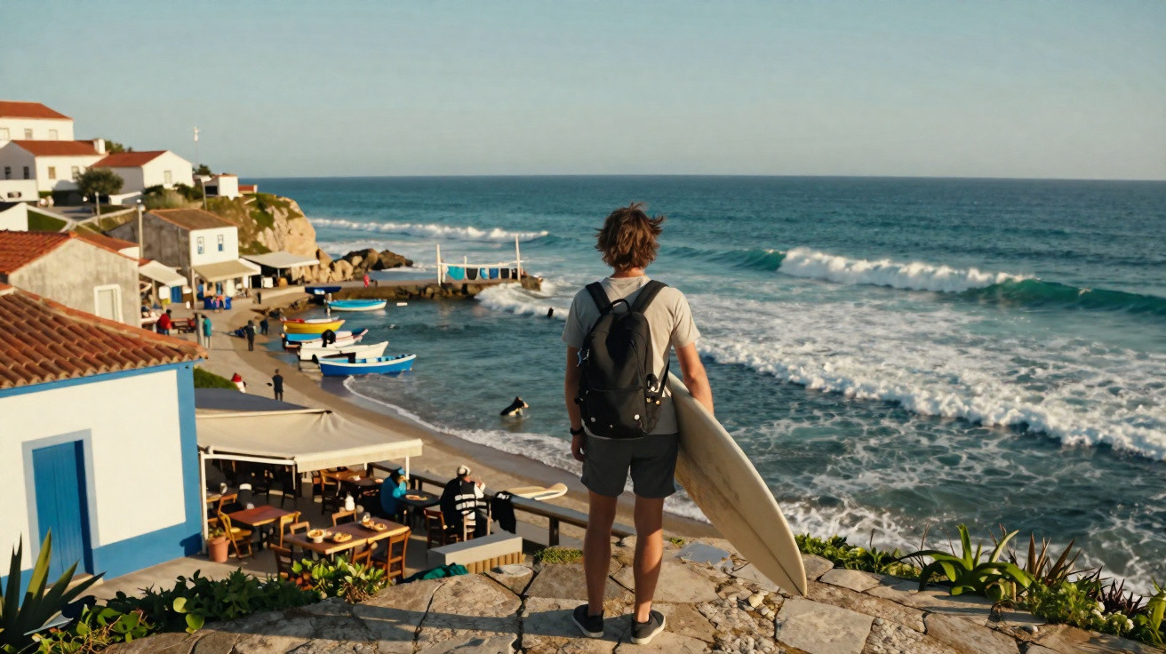 Jovem com prancha de surf observa praia com barcos e casas brancas sob céu azul ao entardecer.