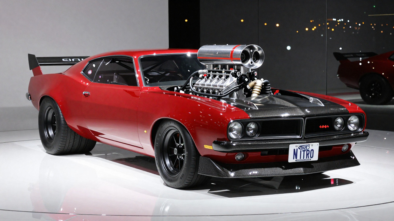 Carro muscle vermelho com motor supercharged exposto e placa "NHRA NITRO" em exposição interna.