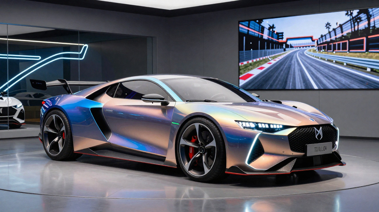 Carro esportivo elétrico Taylor U4 cinza com detalhes azuis e rodas pretas em showroom moderno.