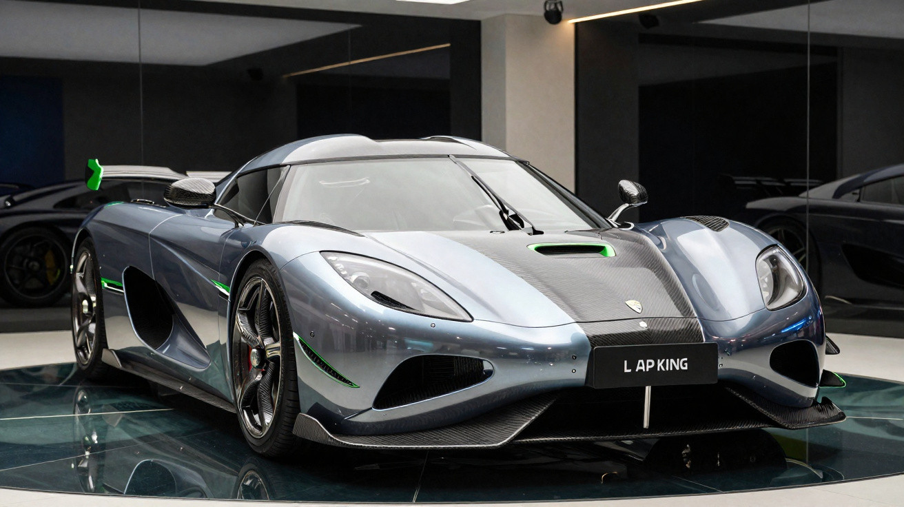 Carro esportivo cinza metalizado com detalhes em fibra de carbono exibido em ambiente interno moderno.