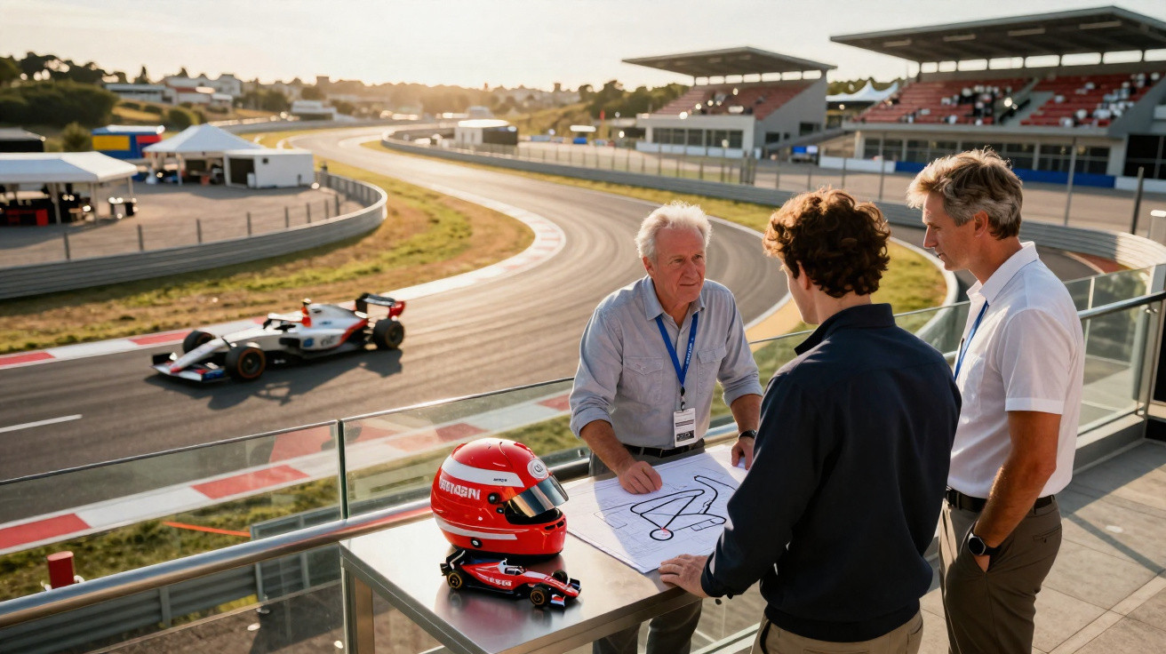 Duas pessoas observam corrida de fórmula 1 enquanto analisam mapa da pista e miniatura de carro vermelho.