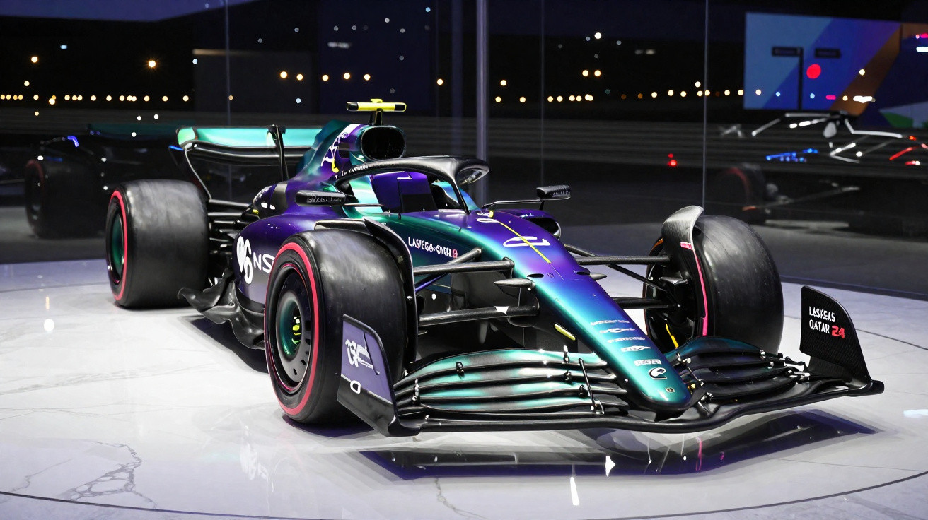 Carro de Fórmula 1 em exposição com pintura azul e verde em ambiente interno com piso refletivo.