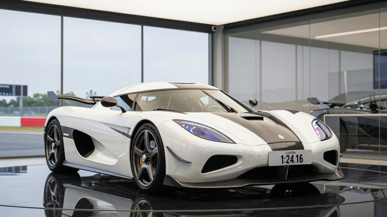 Carro esportivo branco com detalhes em fibra de carbono exposto em espaço moderno com grandes janelas.