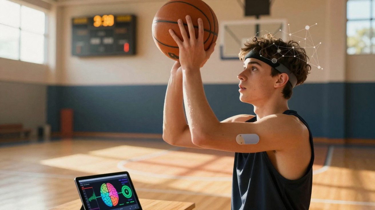 Jovem com sensor cerebral e dispositivo no braço se prepara para arremessar bola de basquete em quadra.