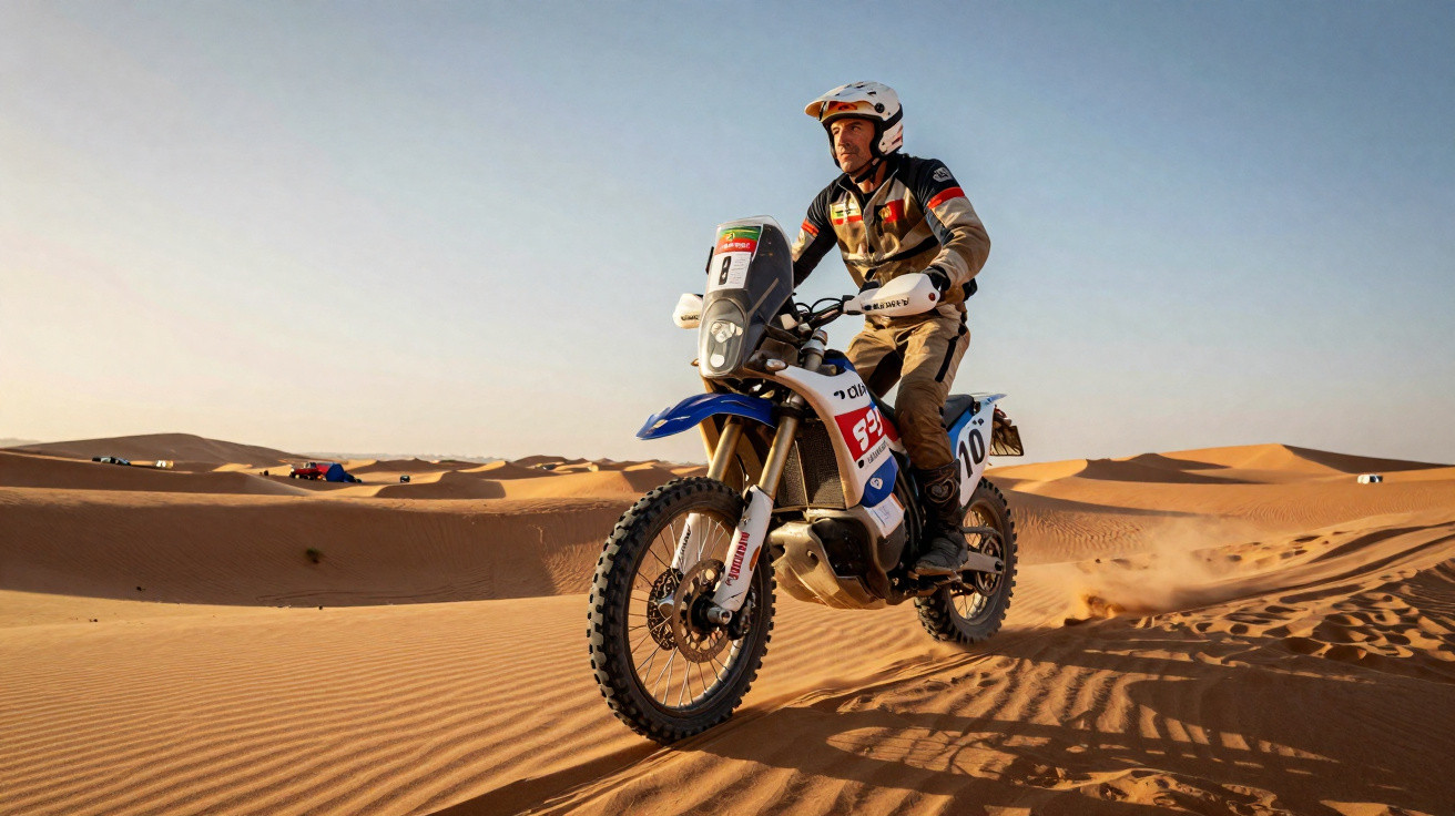 Piloto de moto em traje de prova pilotando na areia do deserto ao pôr do sol.
