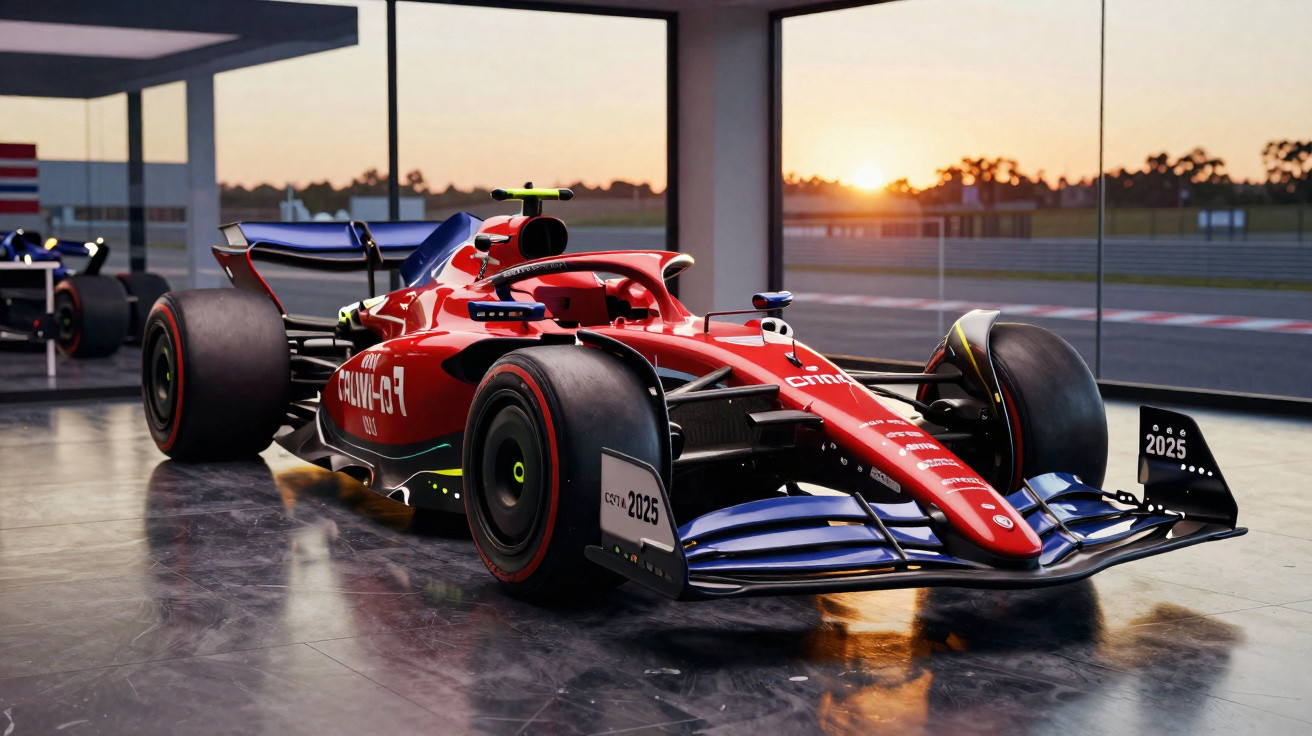 Carro de Fórmula 1 vermelho em garagem com grandes janelas ao pôr do sol.