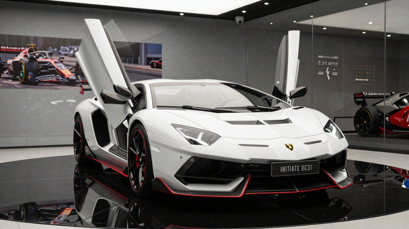 Carro esportivo branco com portas abertas para cima em exposição interna com reflexos no piso preto brilhante.