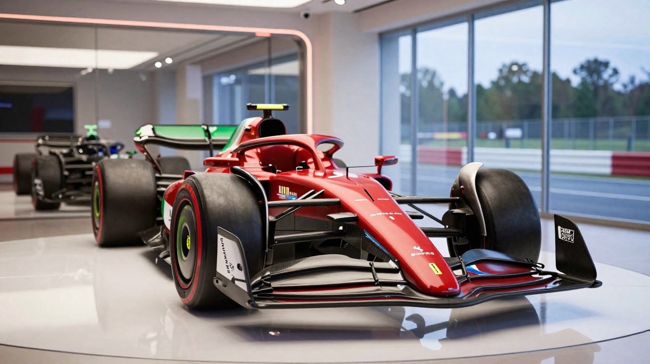 Carro de Fórmula 1 vermelho da Ferrari modelo 2025 exibido em showroom moderno com janelas grandes.