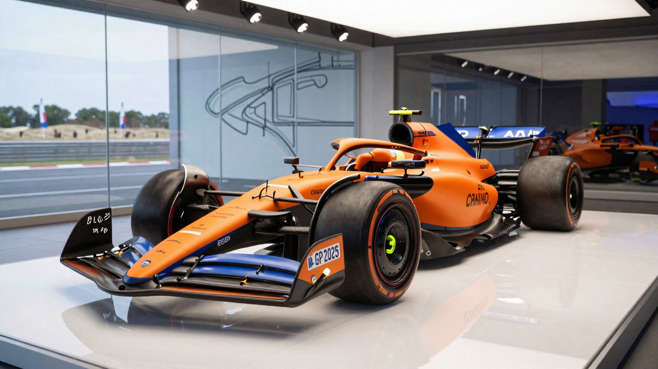Carro de Fórmula 1 laranja com detalhes pretos exibido em exposição interna com espelhos.