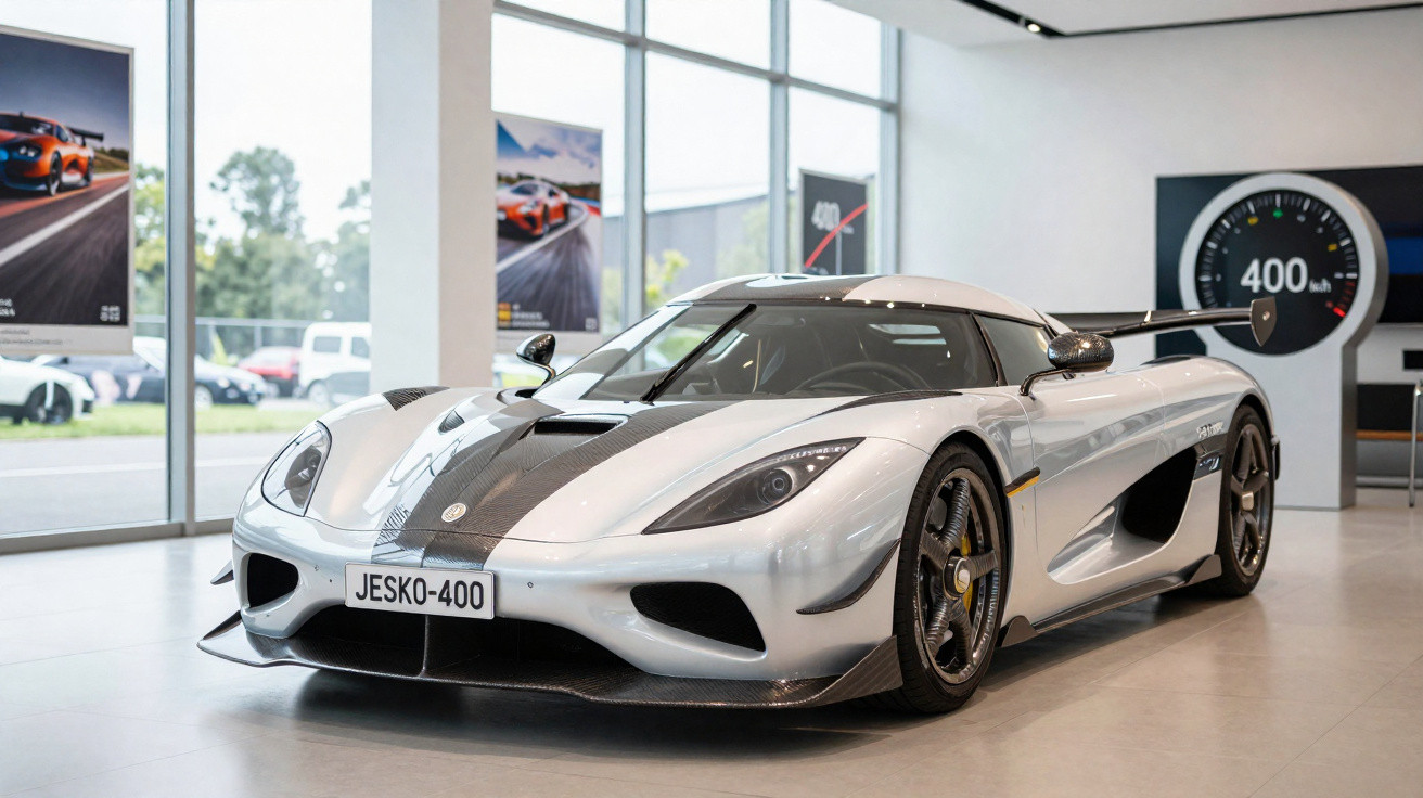 Carro esportivo Koenigsegg Jesko branco com detalhes em preto exibido em showroom moderno.
