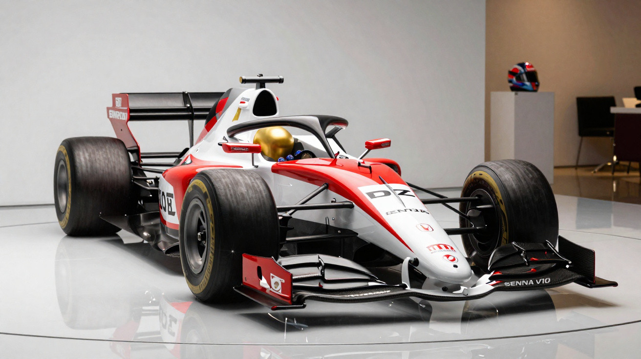 Carro de Fórmula 1 branco e vermelho com detalhes pretos exposto em ambiente fechado.