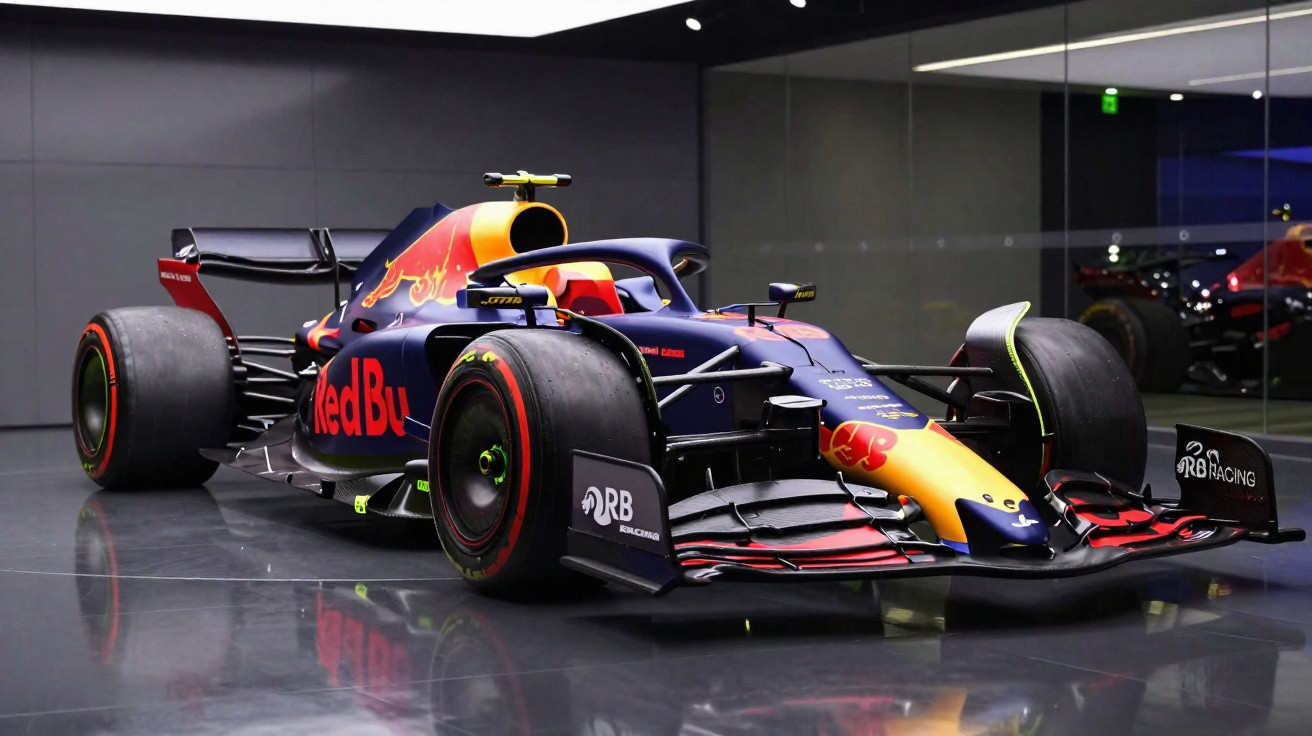 Carro de Fórmula 1 da Red Bull, modelo RB19, exposto em ambiente interno com piso refletivo.