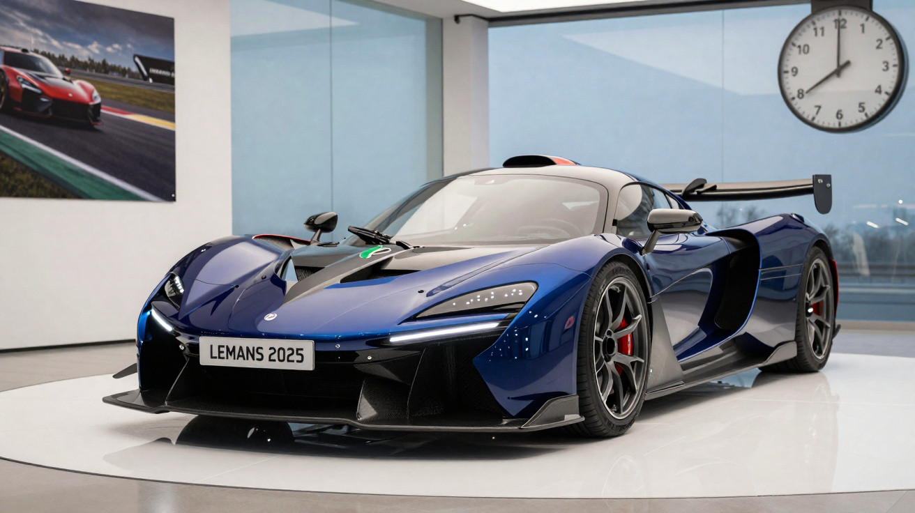 Carro esportivo azul metálico em exibição interna com placa "LEMANS 2025" e detalhes aerodinâmicos.
