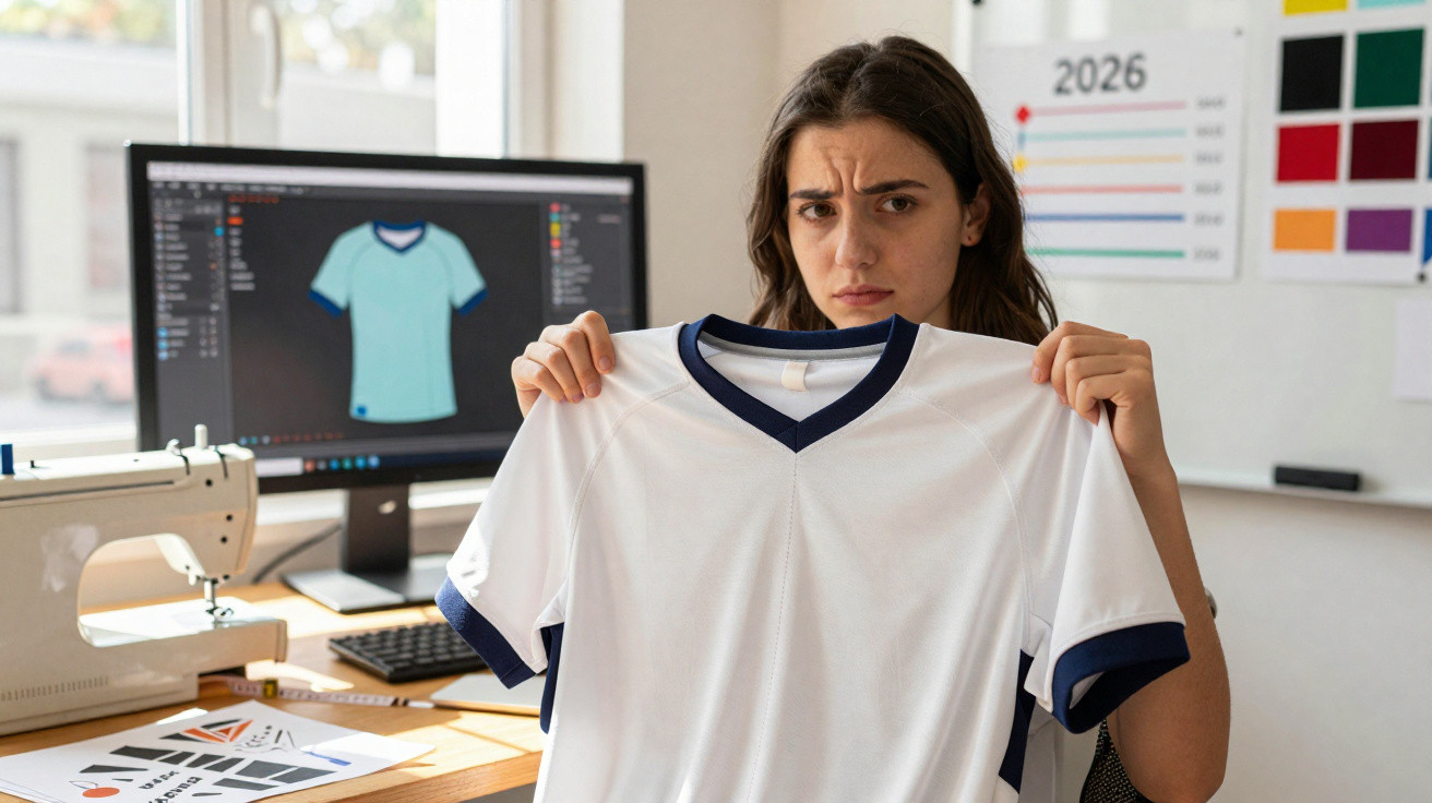 Mulher segurando camisa branca de futebol com expressão preocupada em escritório de design.