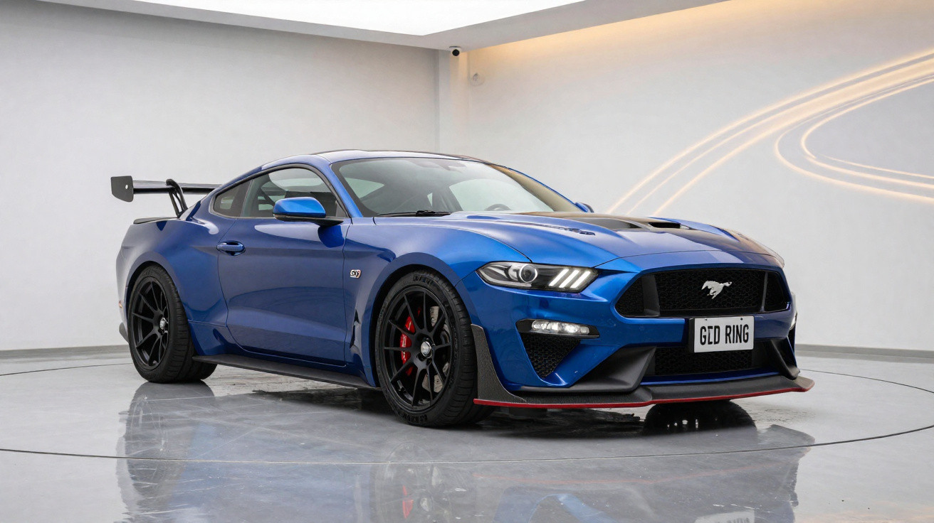 Carro esportivo Ford Mustang azul com aerofólio traseiro exibido em showroom moderno.