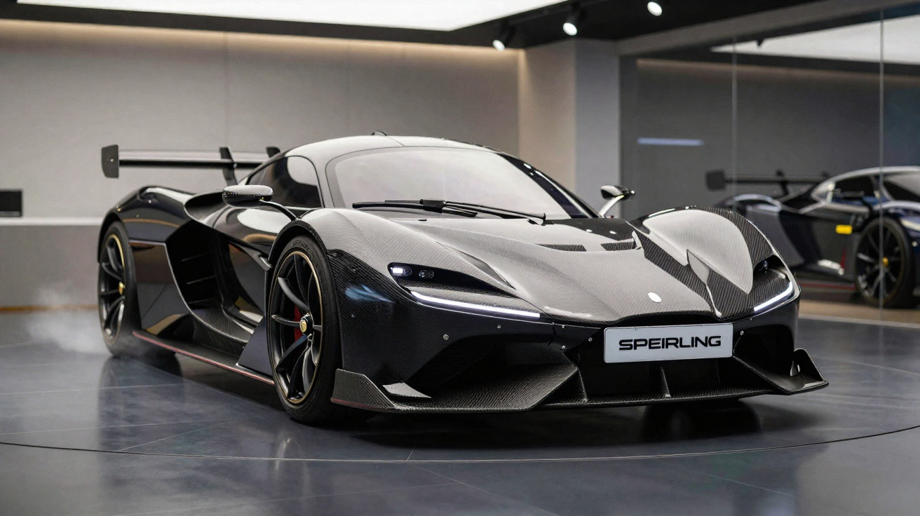 Carro esportivo preto de alta performance em exposição com estrutura moderna ao fundo.