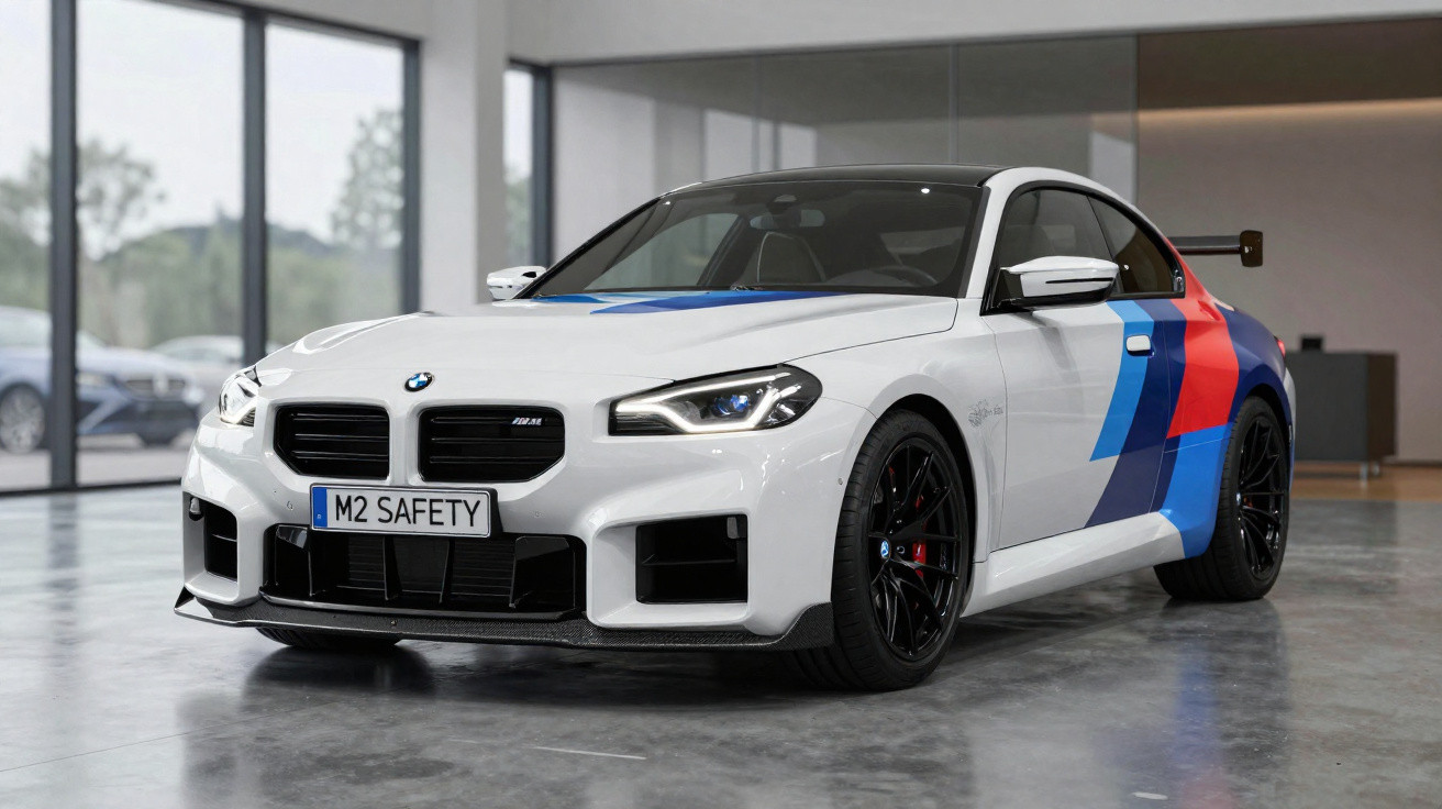 Carro esportivo BMW M2 branco com detalhes em azul e vermelho estacionado em ambiente interno moderno.