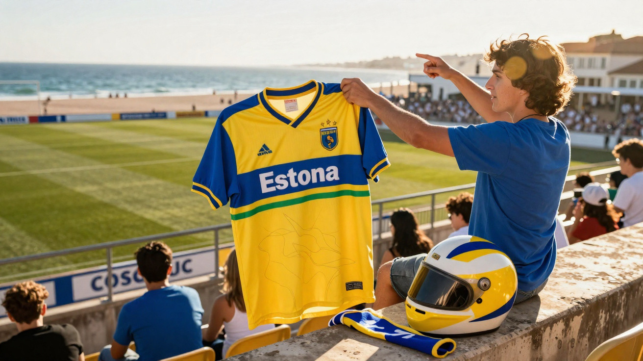 Jovem segurando camisa amarela e azul de futebol em arquibancada com campo e mar ao fundo.