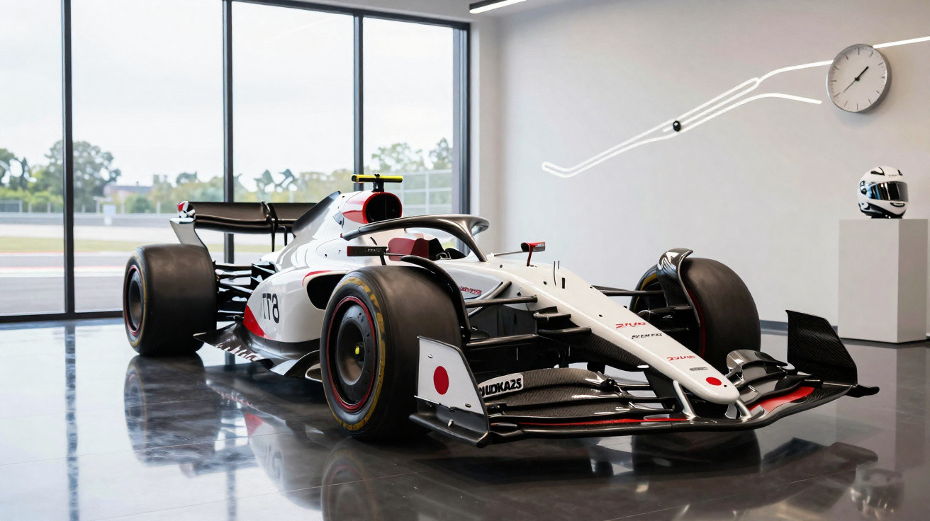 Carro de Fórmula 1 branco com detalhes em preto e vermelho em exposição em sala moderna com vidro.